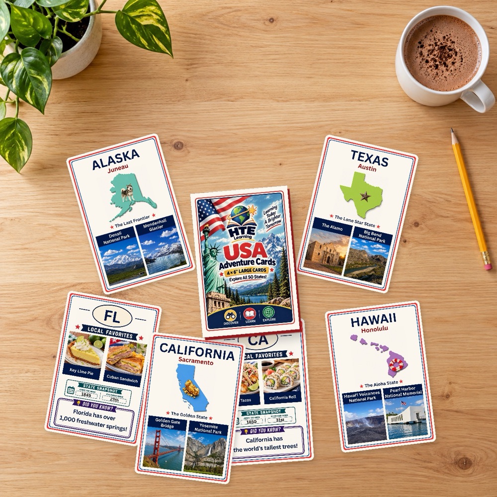 USA Adventure Cards box with state cards spread on a table
