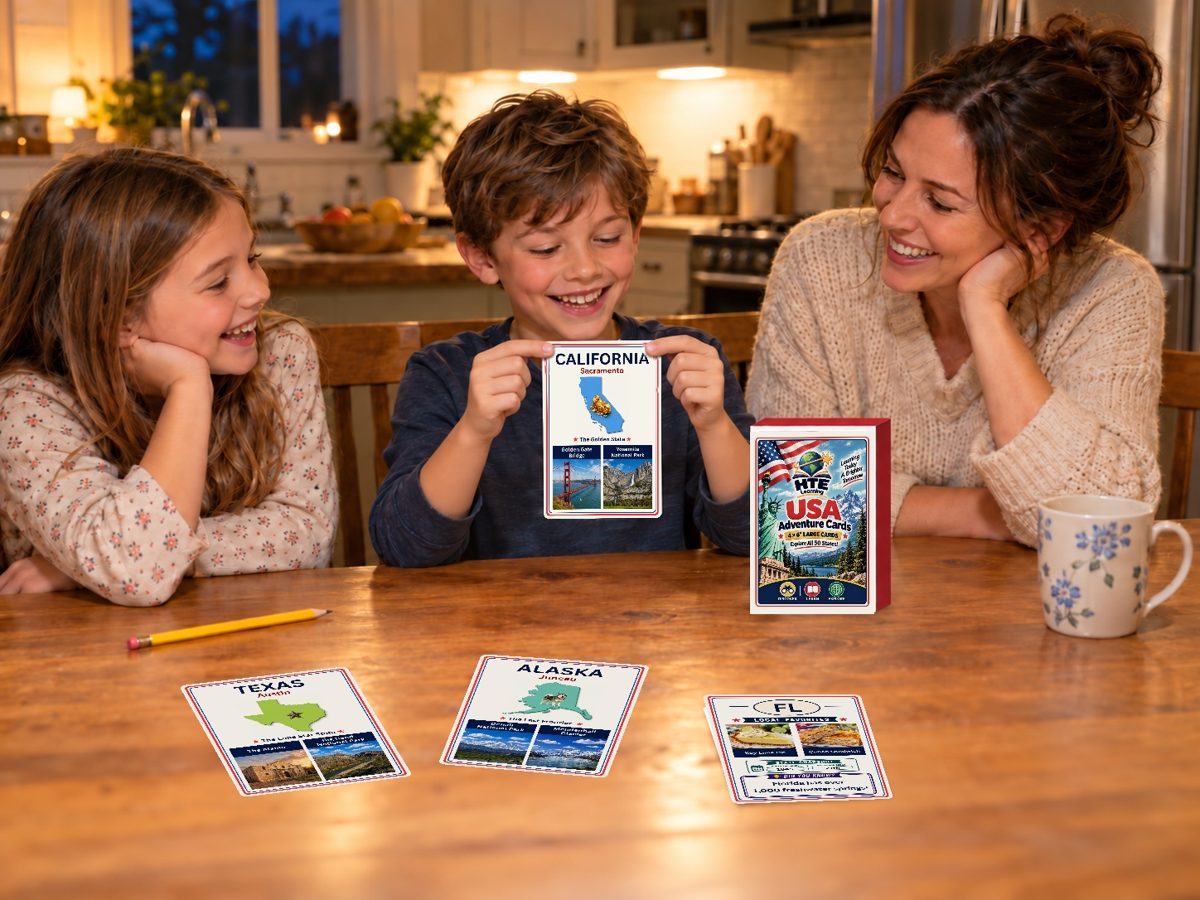 A mom and two kids at the kitchen table playing with the California card