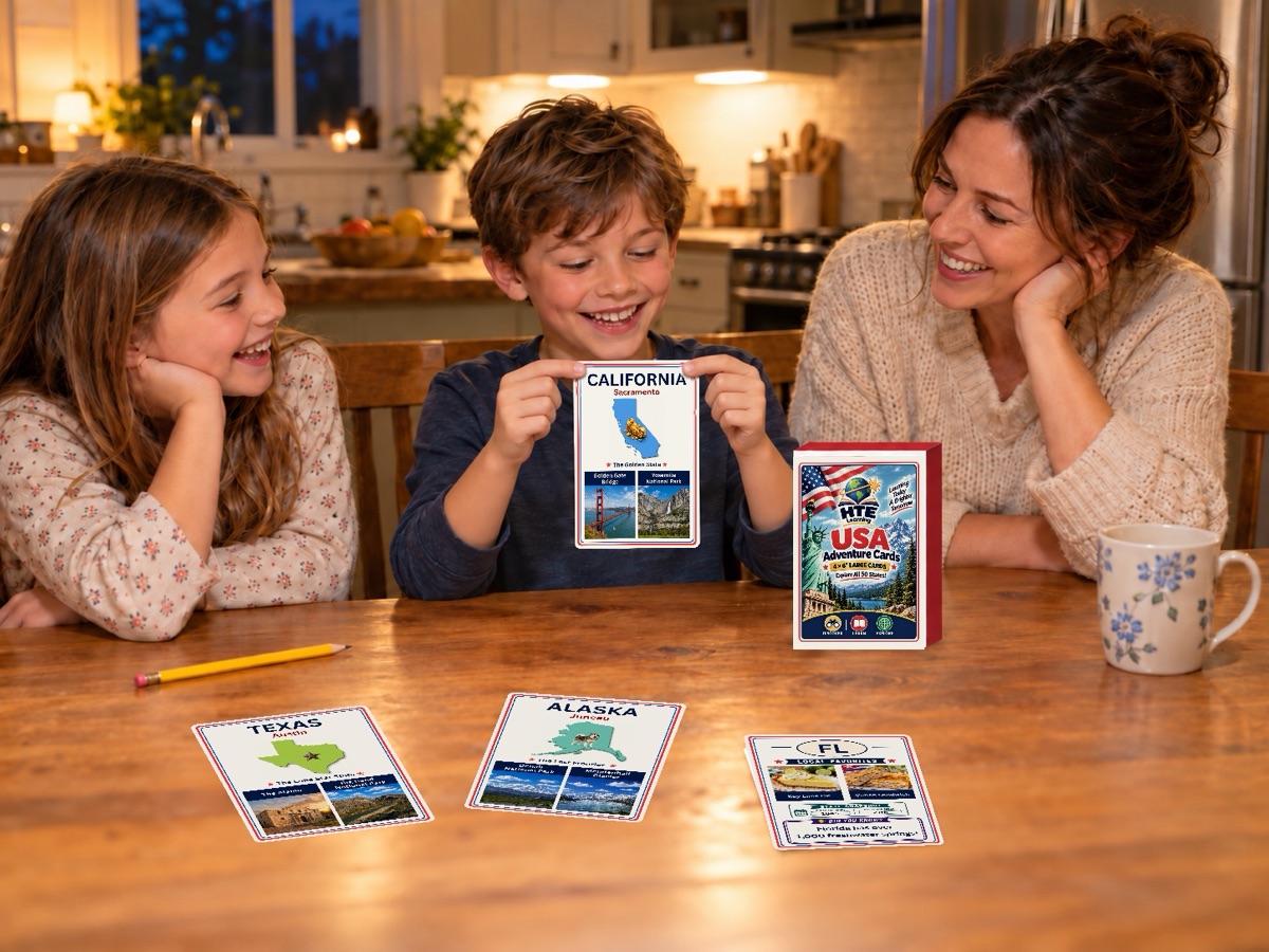 A family laughing at the kitchen table while playing with USA Adventure Cards