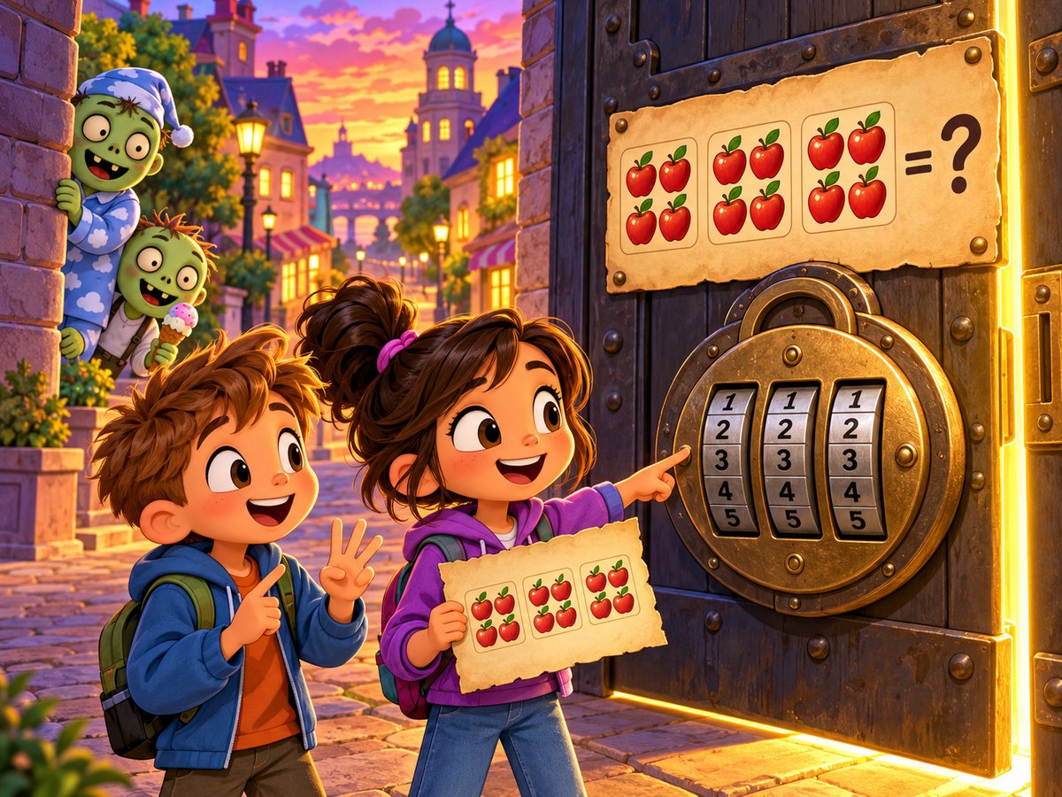 Math Escape City: two kids crack the code on an escape-room door while friendly cartoon zombies peek around the corner