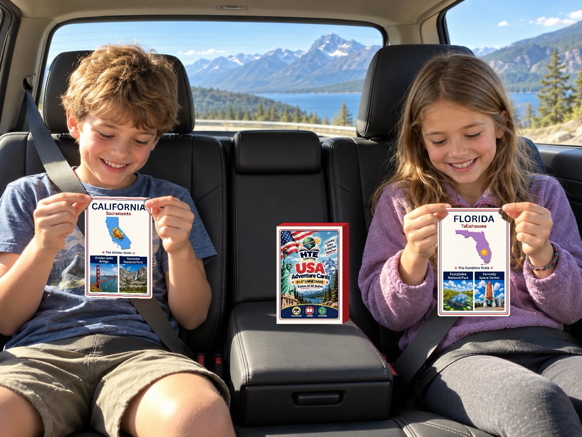 Two kids in the back seat of a car holding the California and Florida cards