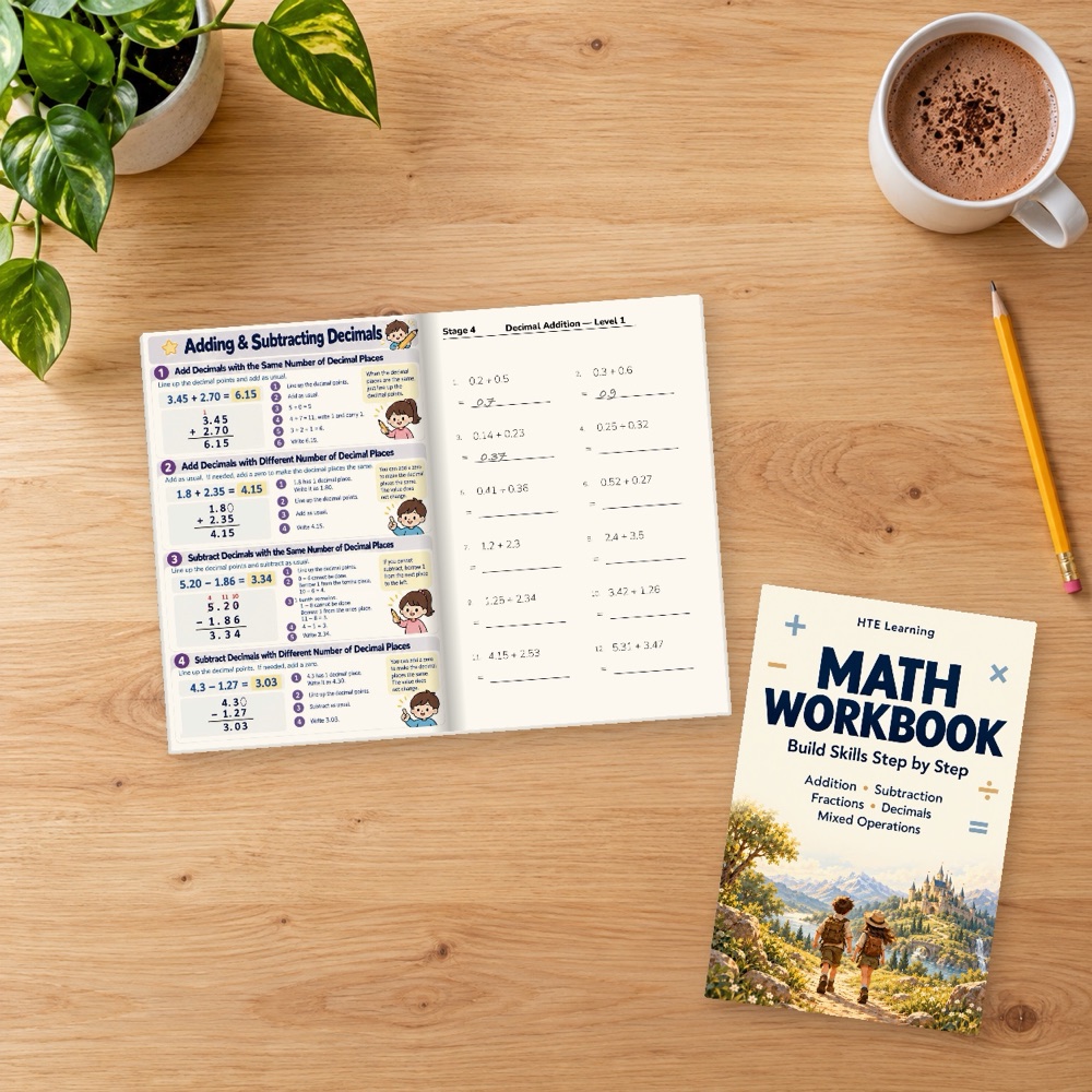Math Workbook open on a table next to its cover