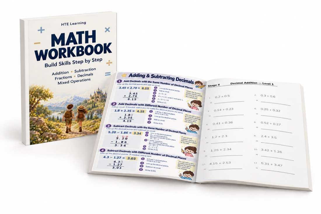 Math Workbook cover and an open page